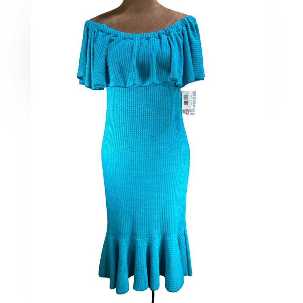 LuLaRoe Turquoise Off Shoulder Ruffle‎ Midi Dress Small NWT Stretch